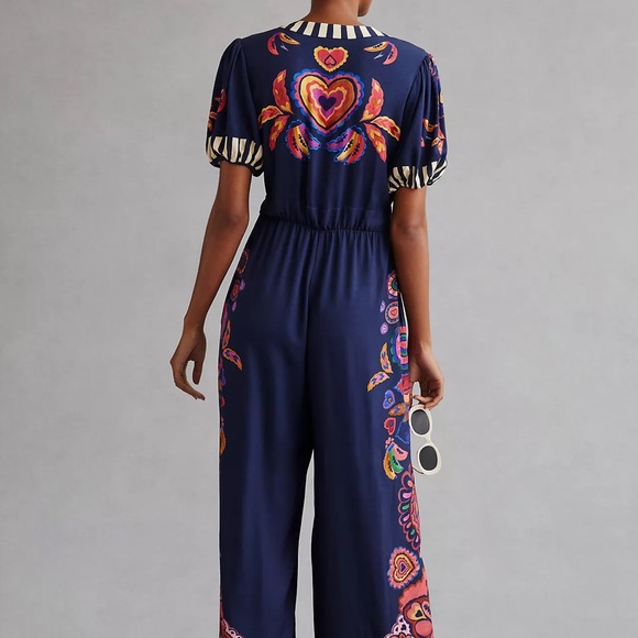NWT Farm Rio Deep V Jumpsuit Size S Small Navy Blue Hearts Floral Tropical - Picture 3 of 8